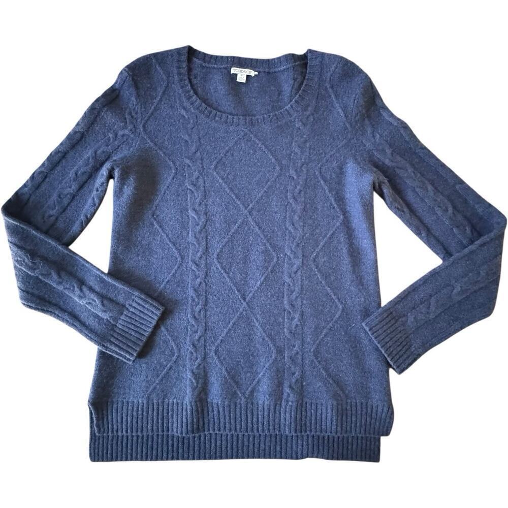 Toad & Co 100% Wool Cable Knit Crewneck Hi-Low Pullover Sweater Navy Blue Small